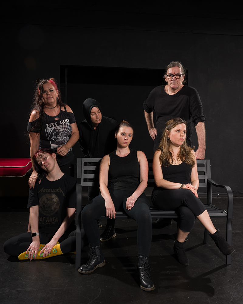 Shayne (Elyse Dallinger) and Lily (Krystle Winter) on bench with L-R Tameika Watts, Sarah Jane Loxton, Kylie Fuad and John McPherson. Pic by Richard Johnson 